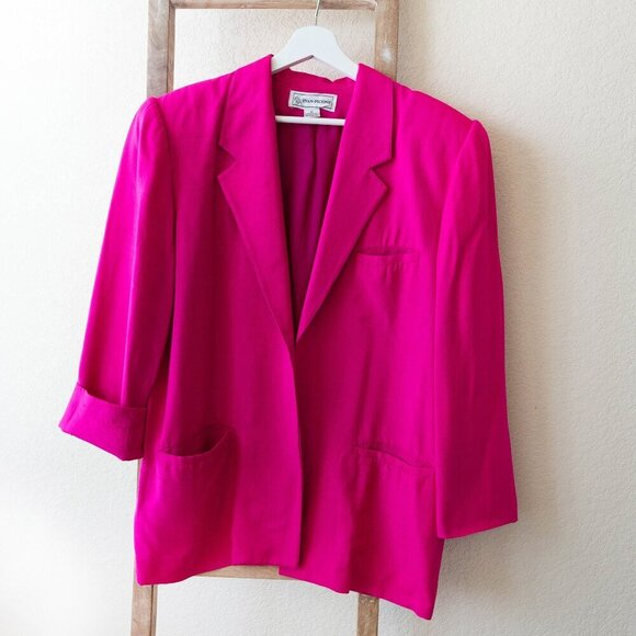 EVAN PICONE VINTAGE 100% SILK OPEN FRONT POCKETED BLAZER HOT PINK SZ 10 - Picture 1 of 7